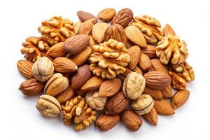 almonds and walnuts in shells, showcasing the natural, raw state of the nuts with a white background photo