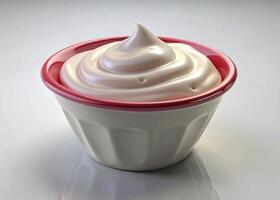 A perfect swirl of yogurt in a white bowl, showcasing its creamy texture and freshness, against a white background for a clean, bright feel photo