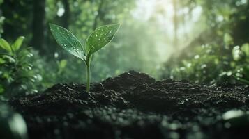 A tiny seedling emerges from the earth, symbolizing growth and new beginnings in a lush forest. photo