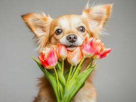 A charming Chihuahua puppy with big eyes peeks out, holding vibrant tulips in its mouth. photo