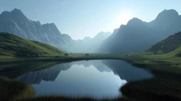 A large body of water sits in the middle of a mountain range. The water is calm and still, reflecting the surrounding mountains in its surface. The scene is serene and peaceful photo