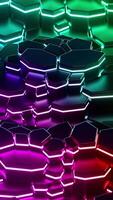 Colorful hexagonal pattern with neon glow moving waves. Vertical looped animation video