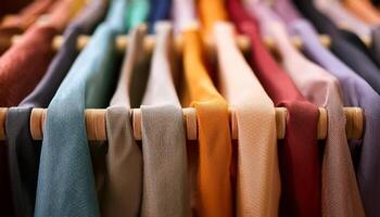 Generated image. A close-up view of fabric swatches in bold colors and diverse textures clipped onto a wooden rack photo