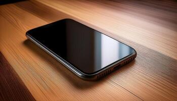 Generated image.Sleek black smartphone resting on a textured wooden surface with warm, soft lighting photo
