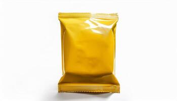 Generated image. Yellow foil snack bag packaging with blank space for custom branding and product label photo