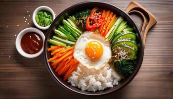 Generated image. Authentic Korean bibimbap with mixed rice, fresh vegetables, fried egg, and spicy sauce photo