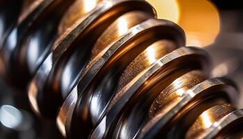Generated image. Close up of a spinning precision metal part on a CNC lathe in an industrial setting photo