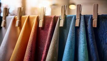 Generated image. Vibrant textile swatches with intricate designs neatly arranged on wooden clips in soft lighting photo