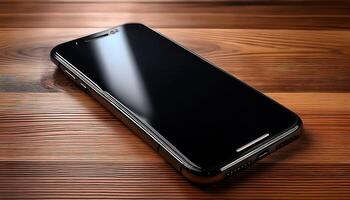 Generated image.Close-up shot of a black smartphone resting on a light brown wooden surface with soft lighting photo