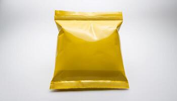 Generated image. High-quality snack pouch packaging mockup in yellow foil with blank space for branding photo