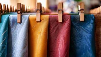 Generated image. Close up of colorful fabric swatches clipped on wooden pegs, showcasing textures and intricate patterns photo