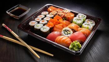 Generated image. A plastic sushi delivery box showcasing an elegant assortment of fresh sushi rolls and sashimi photo