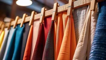 Generated image. Neatly arranged colorful fabric swatches clipped onto wooden pegs, highlighting texture and detail photo