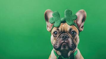 A joyful dog is celebrating St. Patrick's Day, decked out in vibrant green accessories, surrounded by a festive and lively atmosphere photo