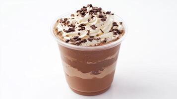 Indulge in a luxurious chocolate dessert cup, lavishly topped with fluffy whipped cream and delicate chocolate shavings that add an irresistible touch photo
