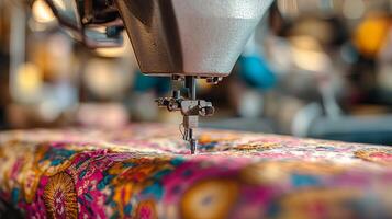 A sewing machine busily operates on vibrant, colorful fabric within a bustling tailoring factory during the warm afternoon hours photo