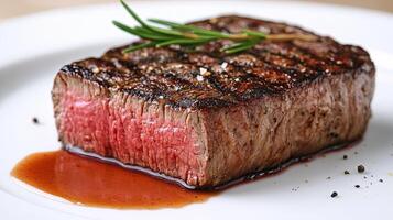 Perfectly cooked steak with rich sauce served on a white plate garnished with fresh herbs in an elegant dining setting photo