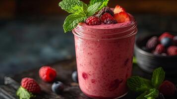 Yogurt jar topped with fresh berries and mint creates a vibrant, nutritious snack perfect for warm weather enjoyment photo