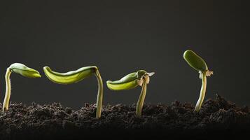 Green bean sprouts grow from soil in a time lapse sequence under warm sunlight showcasing their development process photo