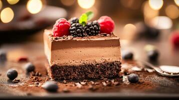 Delicious mocha mousse on a dark plate garnished with fresh berries and chocolate shavings in a softly lit setting photo