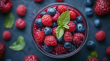 Delicious yogurt topped with fresh blueberries, raspberries, and mint served in a clear jar in a bright kitchen setting photo