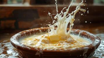 Dahi handi celebration with butter and milk bursting out in a vibrant festive setting filled with joy and excitement photo