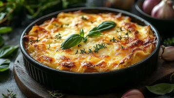 Indulge in a homemade lasagna with beef bolognese and bechamel sauce, garnished with fresh basil and aromatic herbs in a cozy kitchen setting photo
