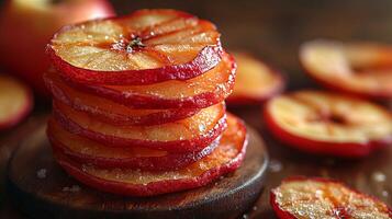 Close up view of delicious dried apple slices stacked on a wooden surface, showcasing a healthy snack option suitable for various occasions photo