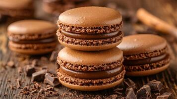 Delicious chocolate macaroons arranged on a rustic wooden table showcasing the 2025 color of the year mocha mousse photo