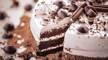 Mocha mousse dessert showcasing layers of rich brown chocolate and creamy frosting adorned with chocolate curls and shavings photo