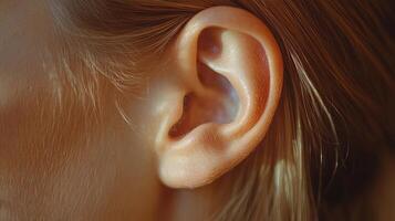 Close up view of a human ear highlighting details of the ear structure and skin texture in natural light during the daytime photo