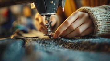 Expert hands skillfully sewing fabric with precision for a beautifully finished textile project in a cozy workspace setting during daylight hours photo