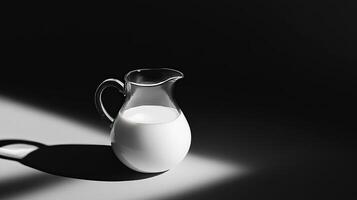 Simple and clean glass pitcher filled with milk, set on a dark background for a minimalist and modern visual concept. photo