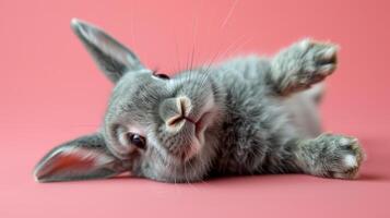 A rabbit is laying on a pink background photo