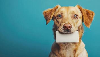 dog holds a card on a blue background, symbolizing financial transactions related to pets. photo