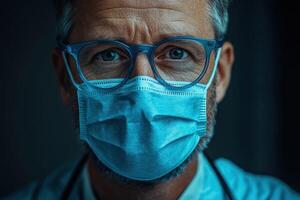 Close-up of a healthcare worker wearing glasses and a protective face mask, emphasizing safety and focus in a medical setting photo