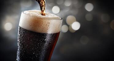 beer being poured into a glass, forming a frothy head and condensation on a blurred backdrop photo
