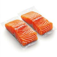 Two fresh salmon fillets vacuum packed on a white background, ensuring quality and extended shelf life photo