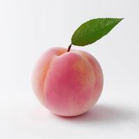 Studio shot of a perfect peach with a green leaf, isolated on a white background, representing freshness and health photo