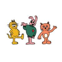 hand drawn cat and rabbit retro cartoon character illustration vector