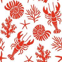 Seamless pattern with shells, lobsters. vector