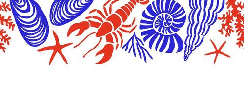 seamless border, with seashells, lobsters. mediterranean frame vector