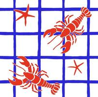 seamless pattern, blue checkered tablecloth with red sea lobsters vector