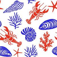Mediterranean seamless pattern with shells, lobsters. vector