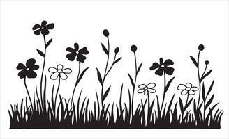silhouette of border with wild flowers and grass. sketch style drawing vector