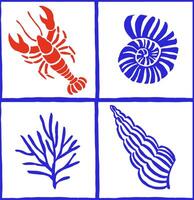 seamless pattern, blue tiles with red sea lobsters and shells vector