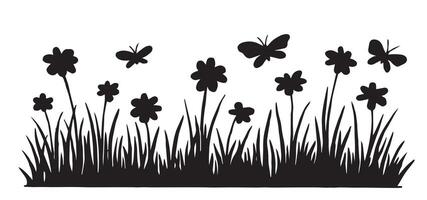 silhouette of border with wild flowers and grass. drawing in sketch style vector