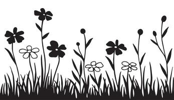 silhouette seamless border with wild flowers and grass. sketch style drawing vector