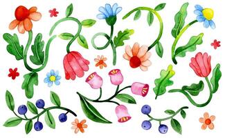 bright colorful set of watercolor flowers in retro style. vector