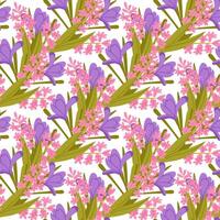Seamless pattern with purple and pink spring flowers and green leaves on a white background. Symbol of blooming season, freshness and botanical textile design vector
